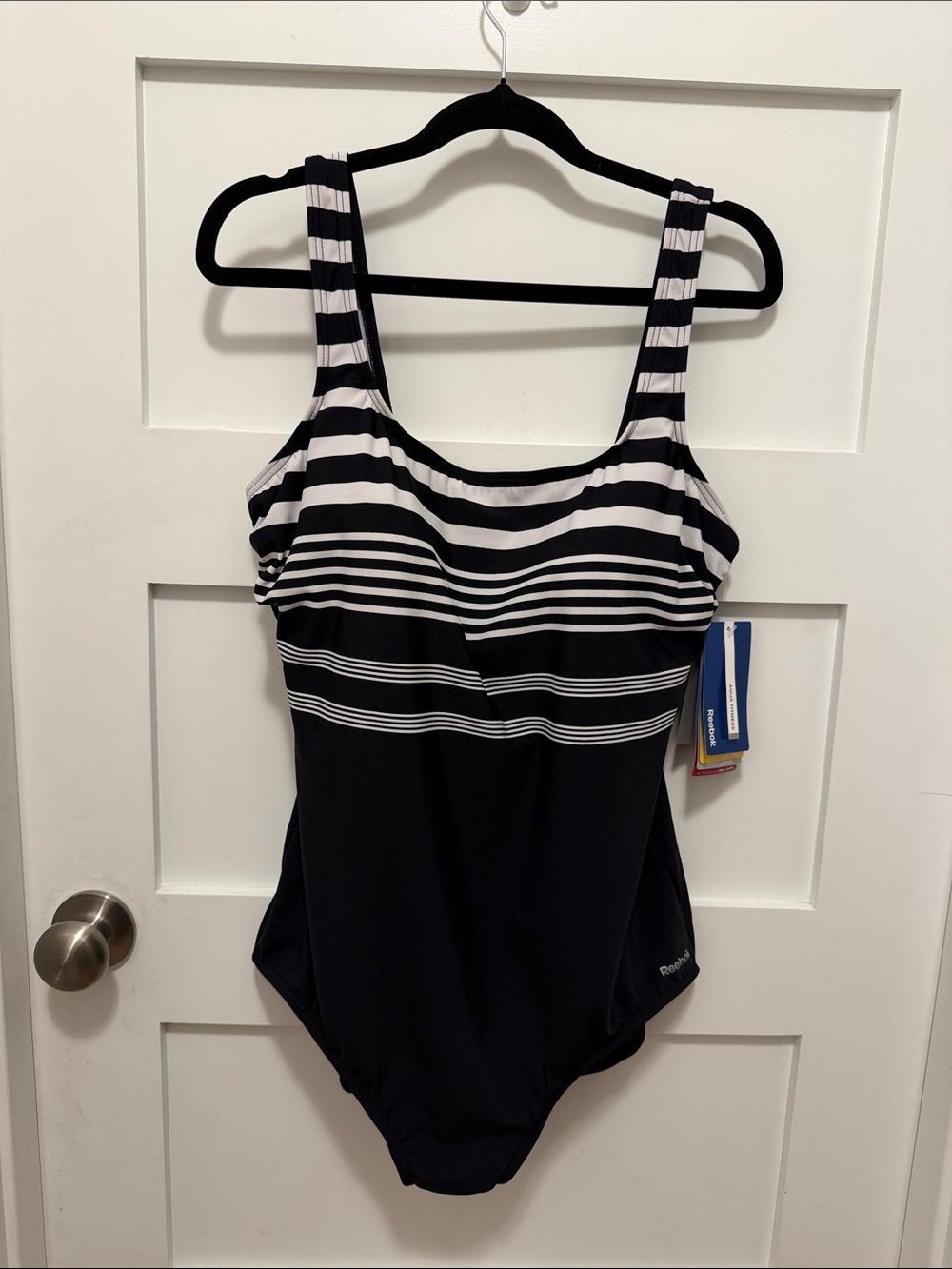 Reebok Navy and White Striped One-Piece Swimsuit